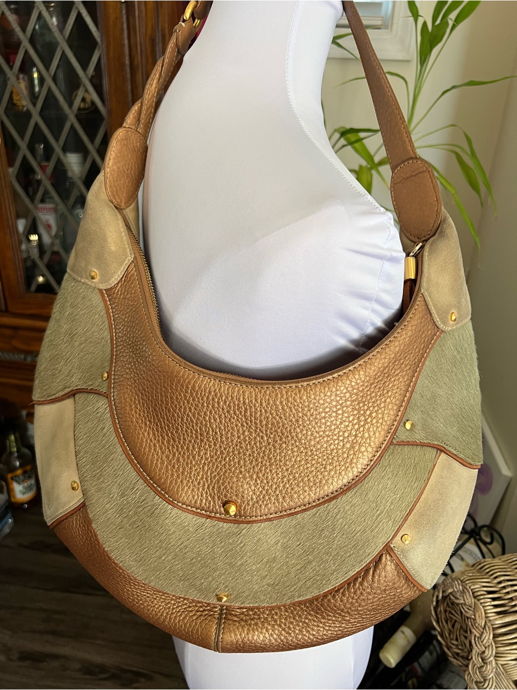 Cole Haan Rare Vintage Goldfish Patchwork Calf Hair Suede Leather Hobo Bronze